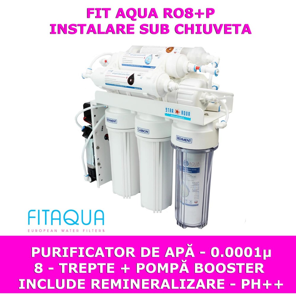RO8-P – 8 etape + pompă, kit complet, structurare moleculară, apă purificată, alcalină și ionizată
