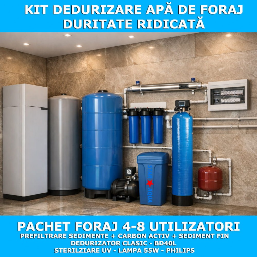 Pachet foraj vilă 4–8 utilizatori – capacitate mare - Dedurizare + Sediment + Substante Chimice + Sterilizare UV