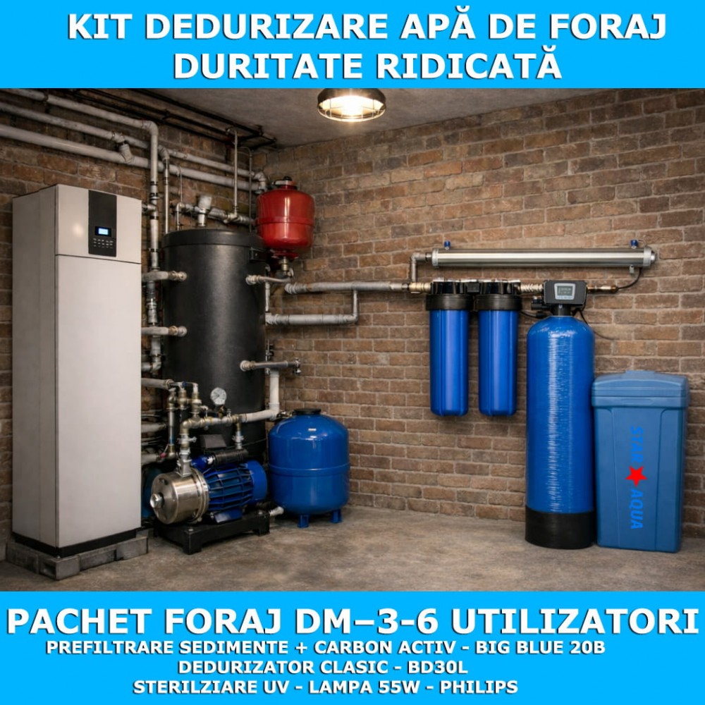 Pachet foraj 3–5 utilizatori – dedurizare apă puț / foraj - Dedurizare, Sedimente + Sterilizare 